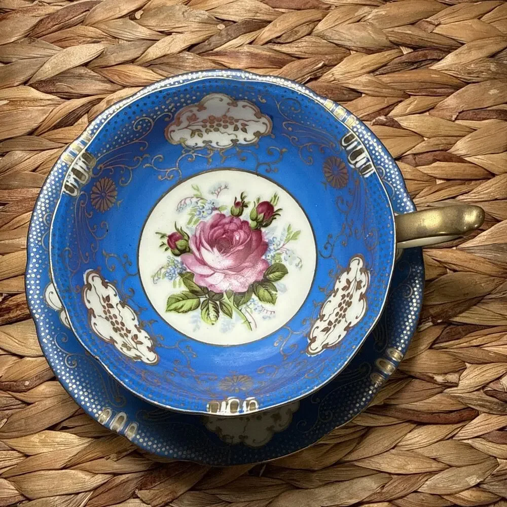 Vintage Hand Painted Japan Cobalt Blue Gold Gilt Tea Cup Saucer Rose Floral